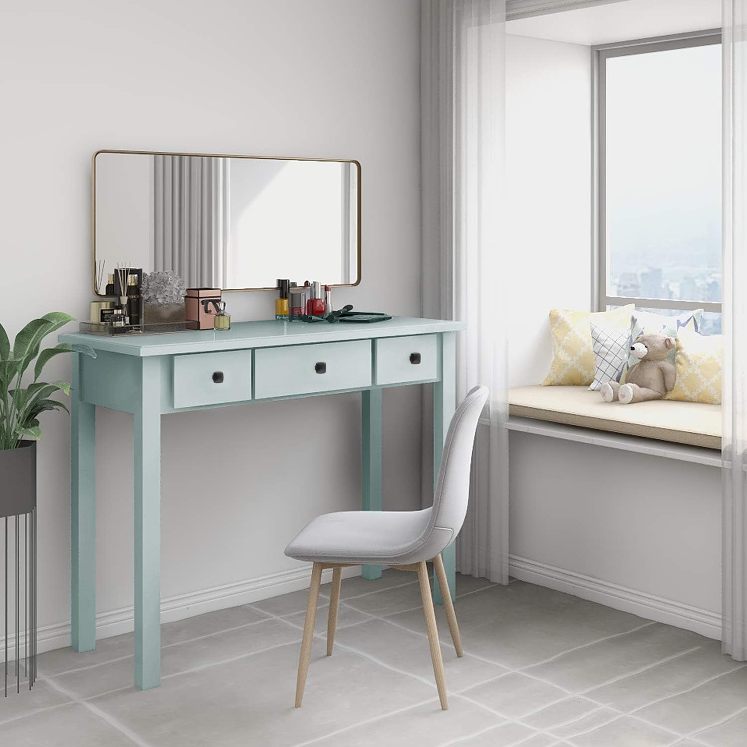 STHOUYN Home Office Small Writing Desk with Drawers Bedroom, Study Table for Adults/Student, Vanity Makeup Dressing Table Save Space Gifts Green (Light Green)