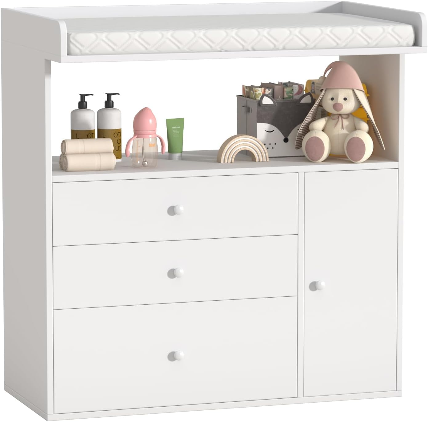 Cómoda cambiadora para bebé con tablero ancho, 3 cajones, espacio de almacenamiento abierto, cómoda para bebé con tablero cambiador, perfecta para dormitorios de bebés y guarderías, extragrande.