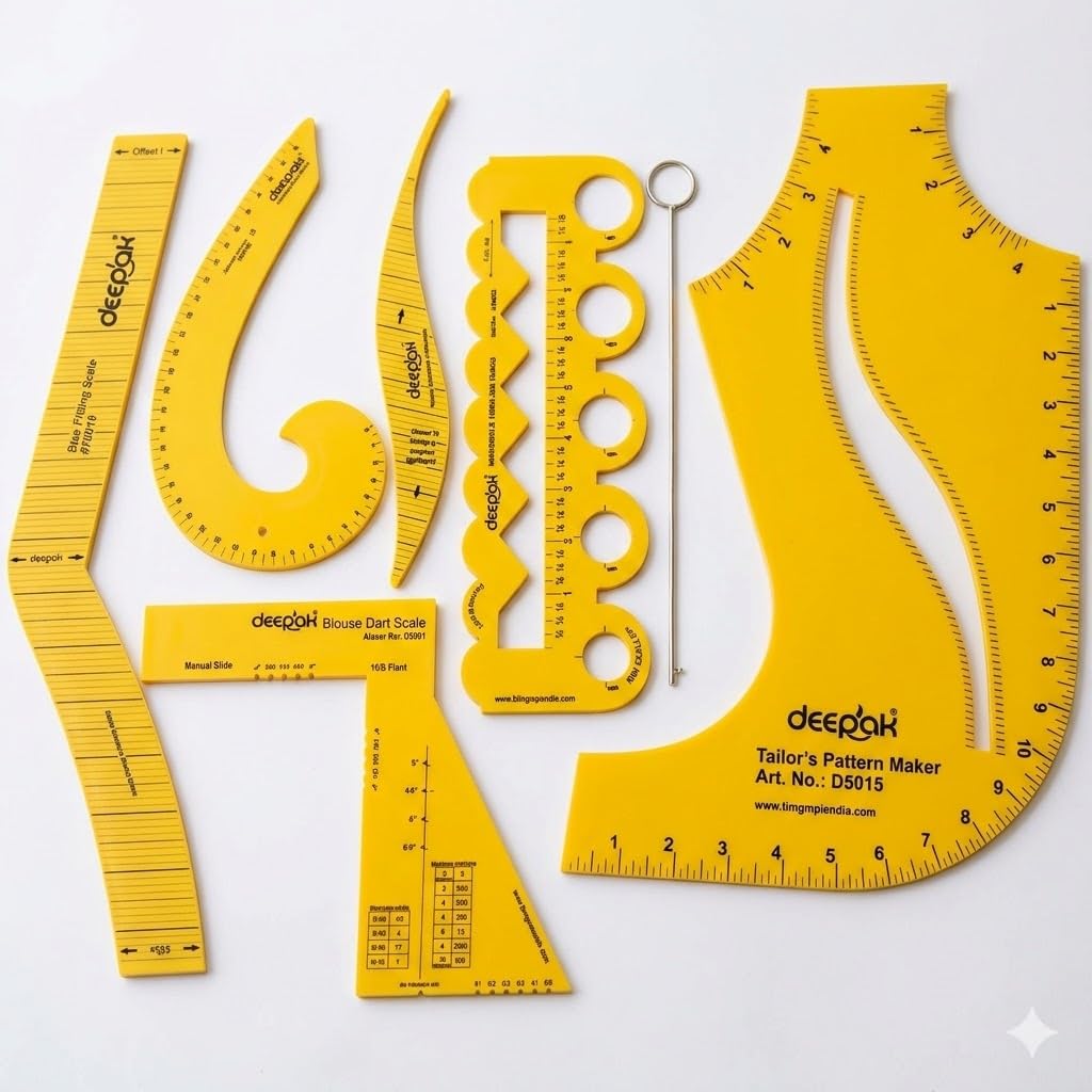 S S Mart 7-Piece Professional Tailoring Set, 5 in 1 Yellow Scallop Scale, Loop Turner, French,Hip, Arm Hole Curve, Pattern Maker and 3 Dart Scale for Fashion Design and Sewing-image-9