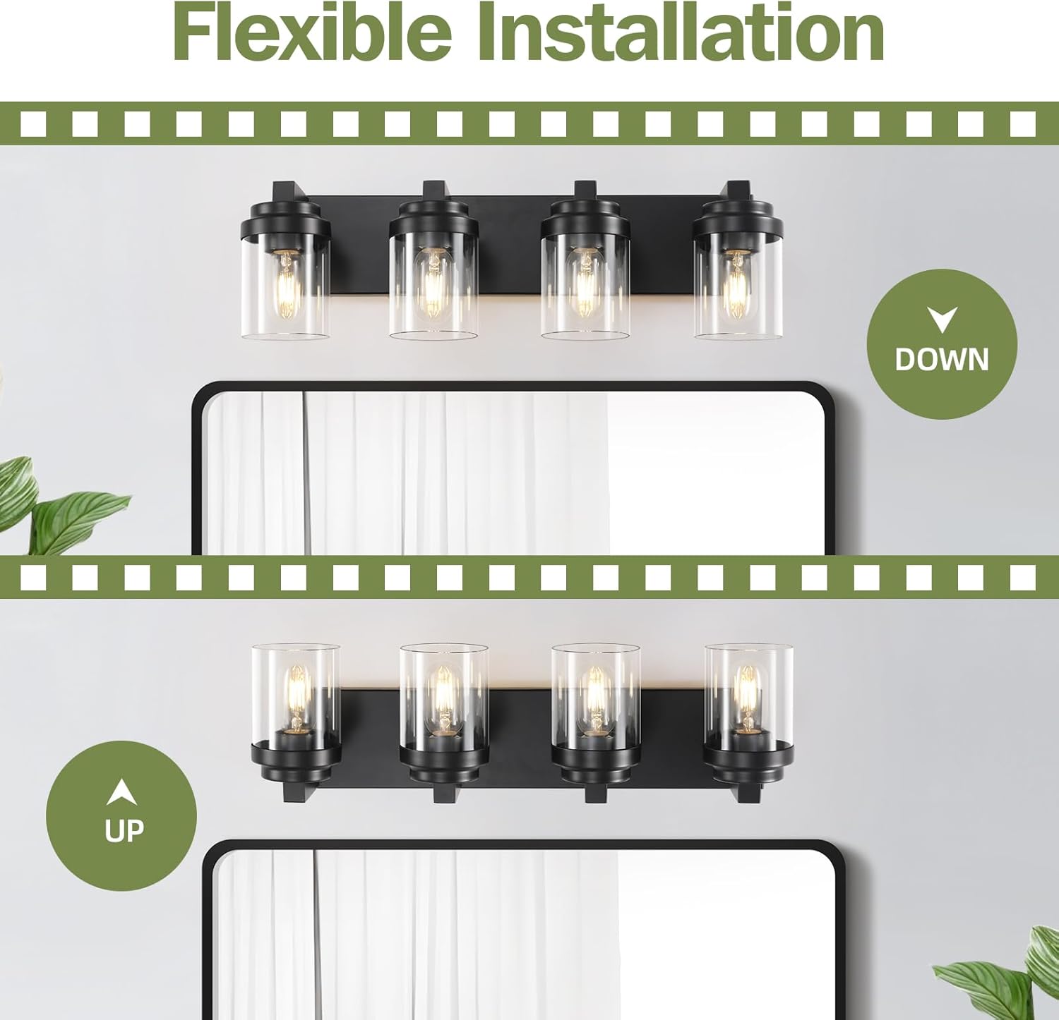 Bathroom Vanity Light, 4 Light Black Vanity Lights with Clear Glass Shade, Farmhouse Bathroom Vanity Lighting Fixtures Over Mirror for Living Room,E26