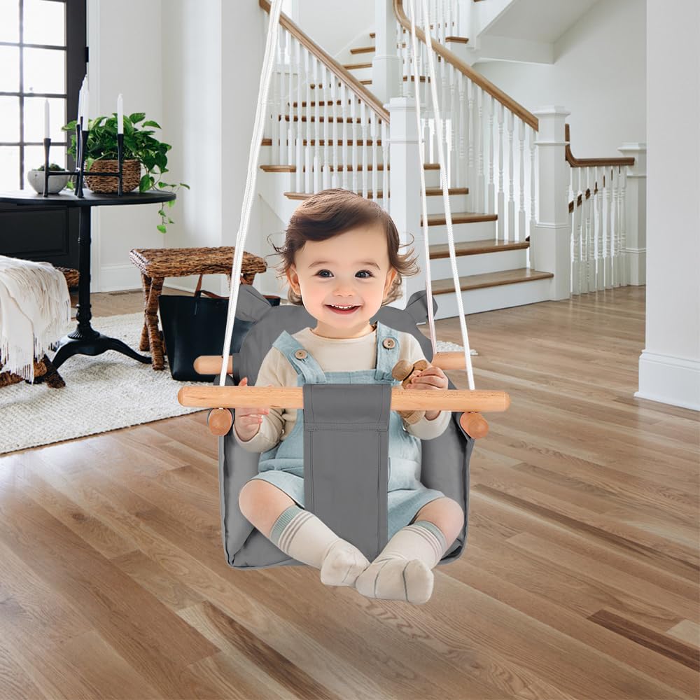 Homewell - Columpio interior para bebé y niños, asiento columpio de madera y algodón para bebé, columpio escandinavo para desarrollo vestibular, Baby Swing (gris oscuro)