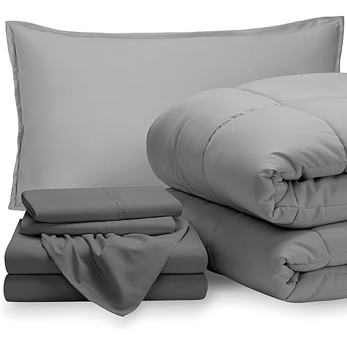 Bare Home Bedding Set 5 Piece Comforter & Sheet Set - Twin - Goose Down Alternative - Ultra-Soft 1800 Premium Bed Set (Twin, Light Grey/Grey)