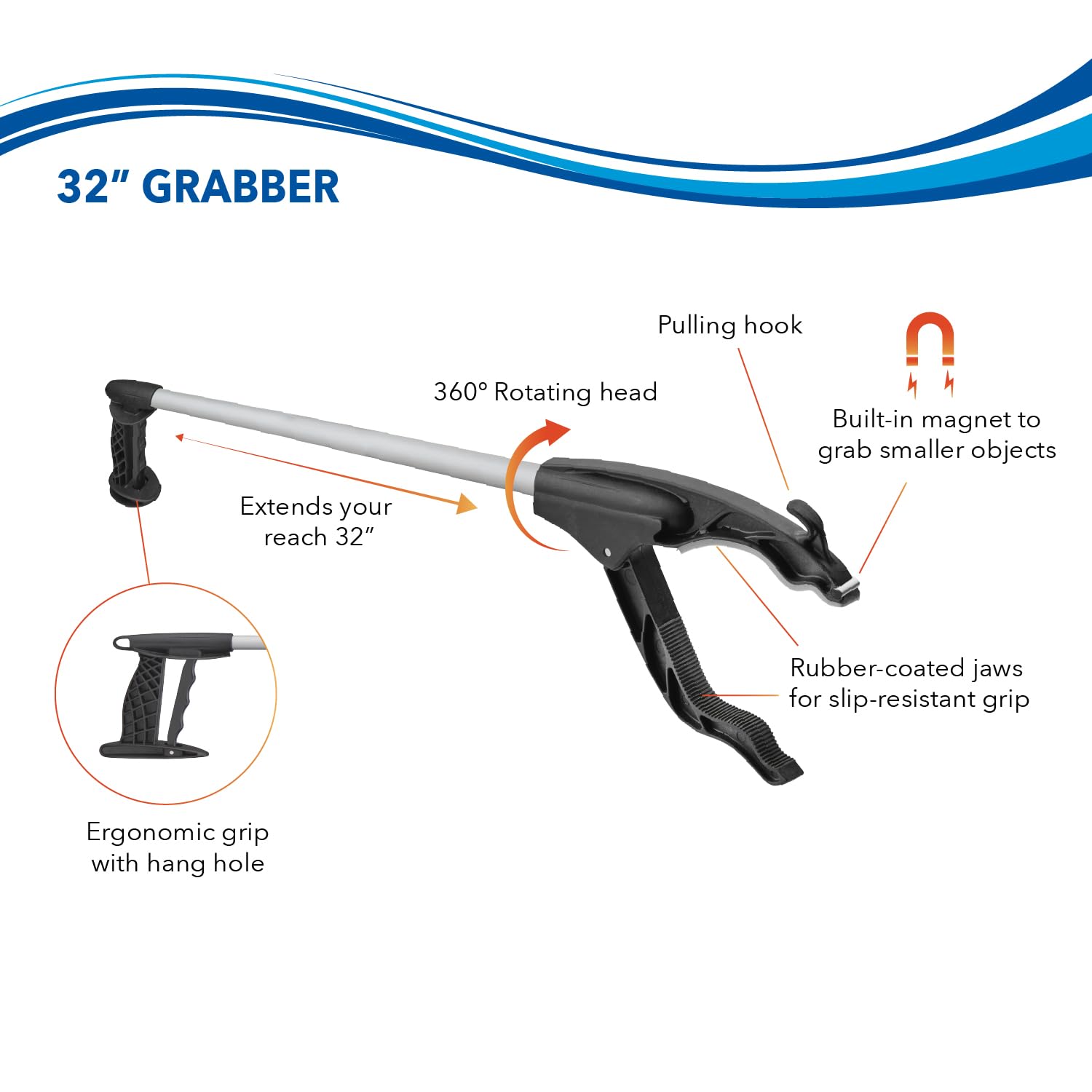 Unger Greifer Greifhilfe, leichtes Mehrzweck-Tonabnehmer mit Triggergriff, um 360 Grad drehbarer Kopf und magnetischer Spitze, Sortiert, 32", 9