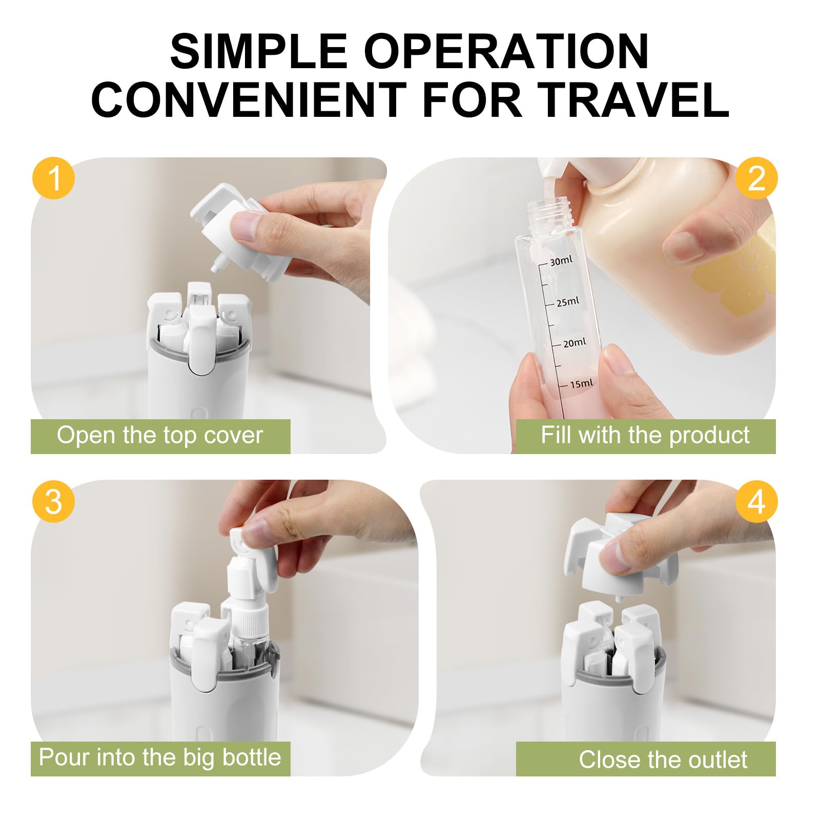 4 in 1 Bottiglie da Viaggio, Set Contenitori da Viaggio con Etichette, Bottiglie Ricaricabili per Shampoo, Balsamo, Lozione e Crema, Flaconi Portatili Antiperdita, Kit Viaggio Aereo Bagaglio a Mano