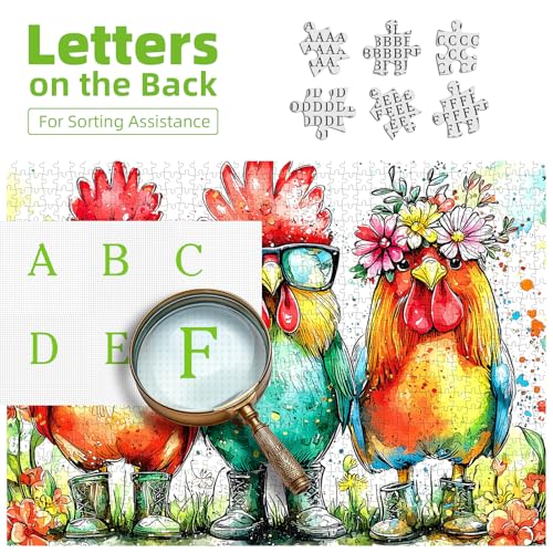 Image of Colorful Roosters 500 Piece Puzzles for Adults Watercolor Farm Animal Jigsaw Puzzles Fun Roosters Wearing Sunglasses Puzzle with Letters on Back Challenging Family Seniors Puzzle (23 inchX15 inch)