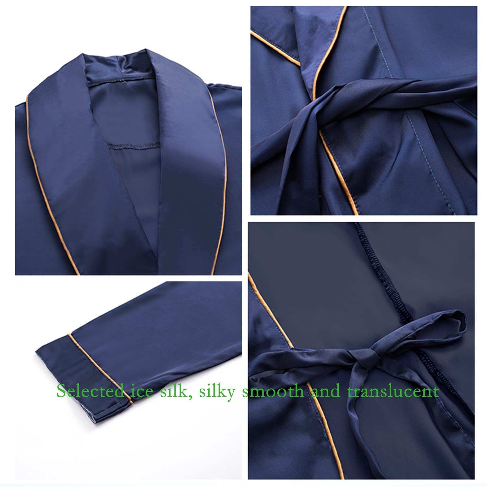GHYUBYER Herren Satin Pyjama Lang 3 Stück Herren Satin Pyjama Set Seide Button-Down PJs Sets Soft Lounge Sets Klassische Seiden Schlafanzüge (Color : Dark Blue, Size : XL)