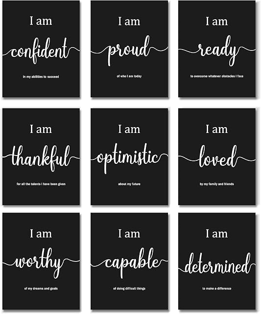 9 Pieces Inspirational Motivational Wall Art Office Bedroom Wall Art, Daily Positive Affirmations for Men Women Kids Inspirational Posters Inspirational Positive Quotes Sayings Wall Decor (Black)