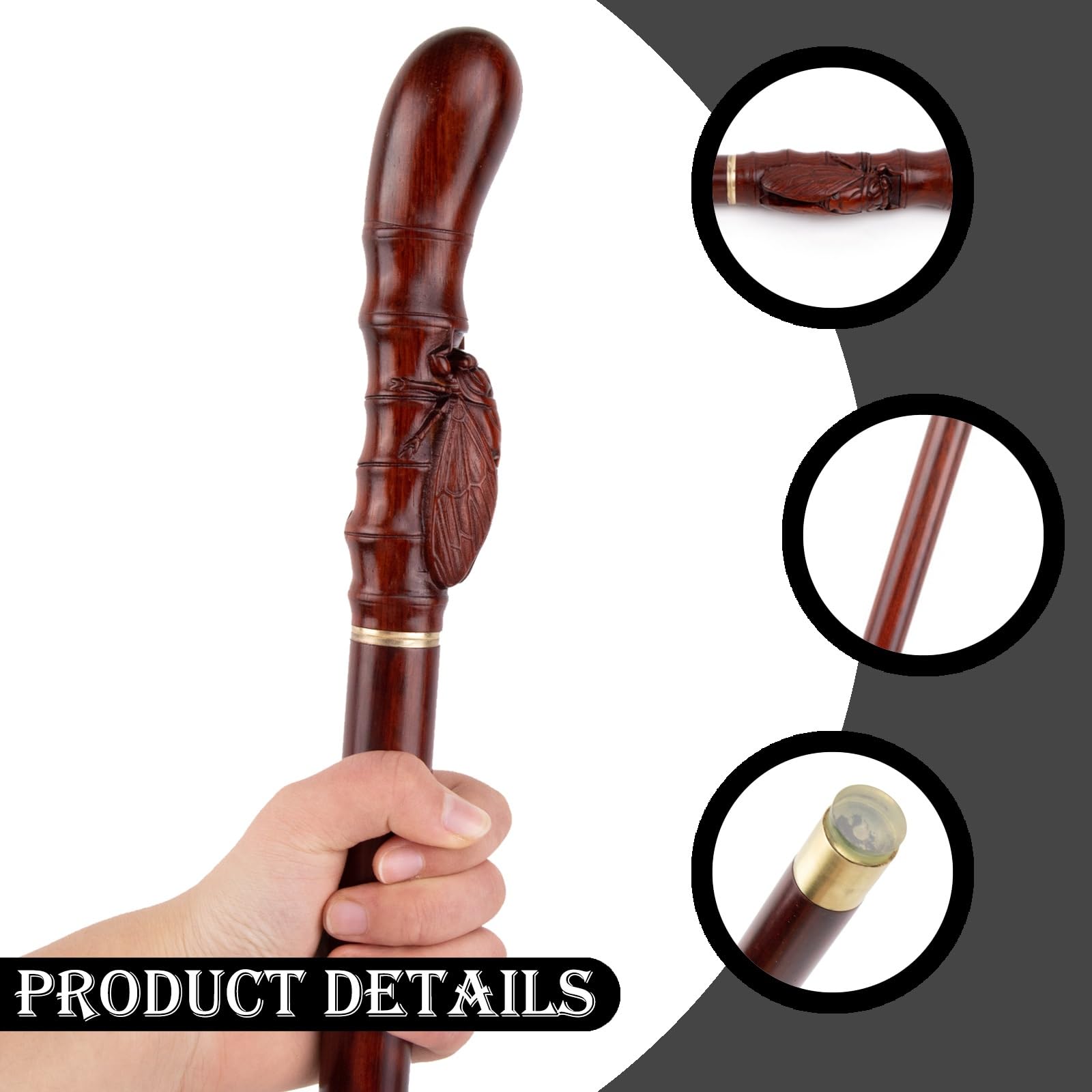Bastón de Madera con Forma de Cigarra, Bastón Artesanal de Madera Maciza con Tallado de Insecto, Bastón Ligero y Resistente para Hombres y Mujeres