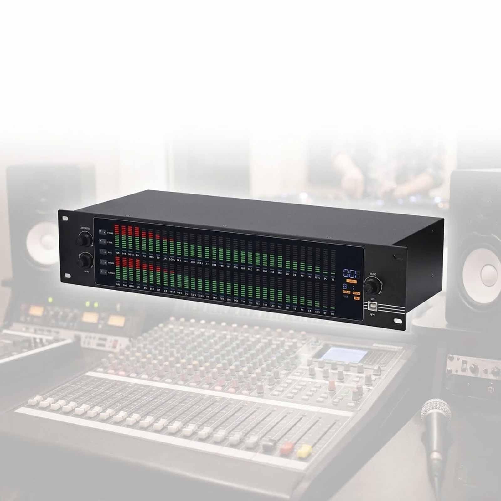 MObyat Égaliseur Numérique Graphique Double 31-Bandes EQ-323, Égaliseur Graphique Stéréo Audio Numérique Avec Écran LCD, 12 Motifs Rythmiques, Contrôle PC USB, Réduction Bruit, Scène Studio