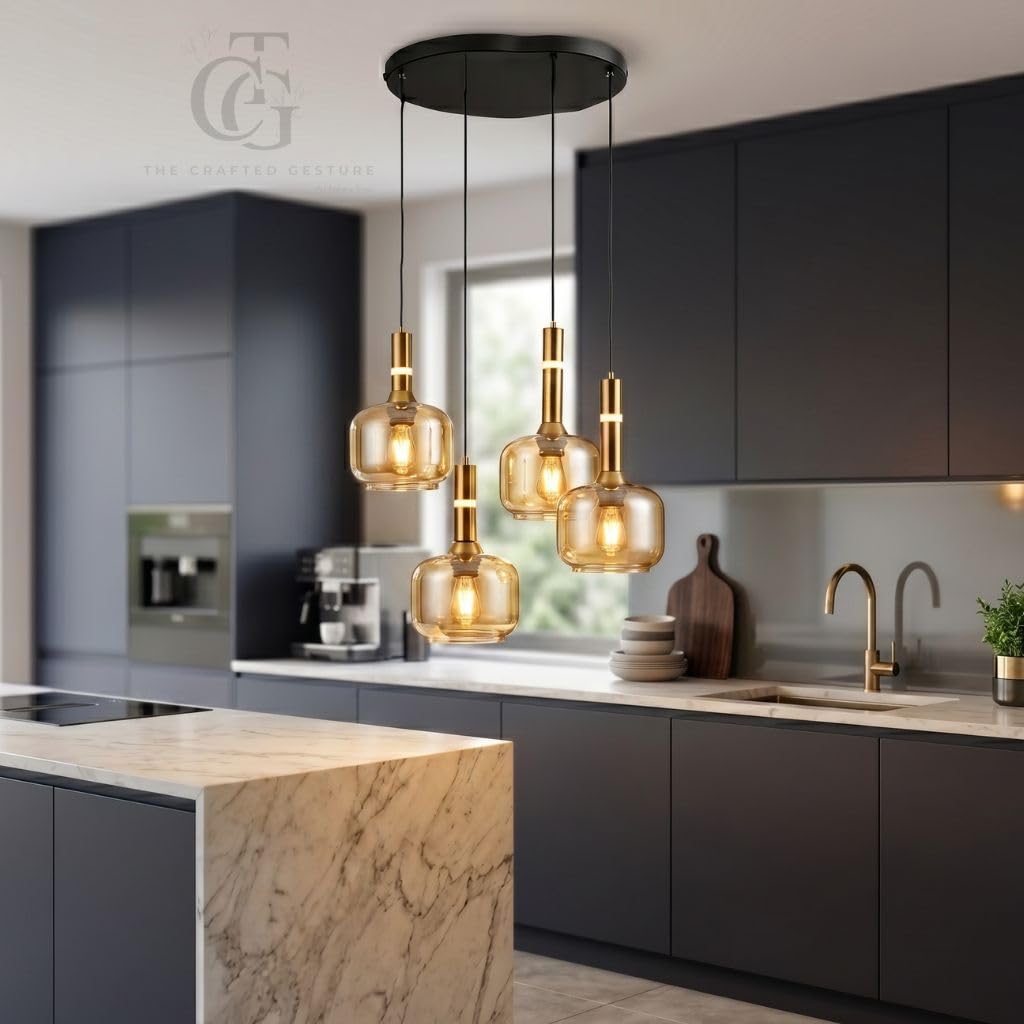 Set of 4-Heads Box-Shaped Glass Hanging Pendant Light|Modern Cube Cluster Ceiling Lamp with Metal Base|Amber-Glass for Living Room, Dining & Café-image-16