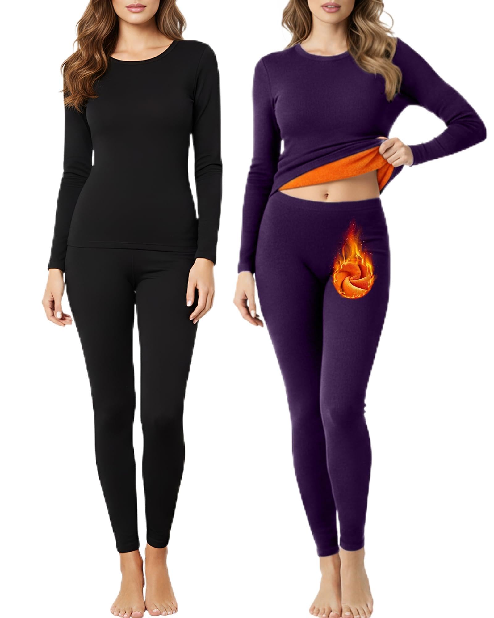 2 Set Womens Thermal Underwear Soft Fleece Lined Base Layer Pajama Winter Warm Top Bottom for Cold Weather Skiing-image-35