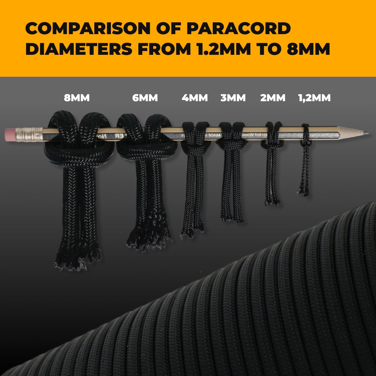 Paracorde 1,2 mm - 8 mm, Couleur Noire (10 m, 20 m, 30 m, 50 m, 100 m) | Idéale pour l'artisanat, Le bricolage, Le Camping | Corde 100% Nylon