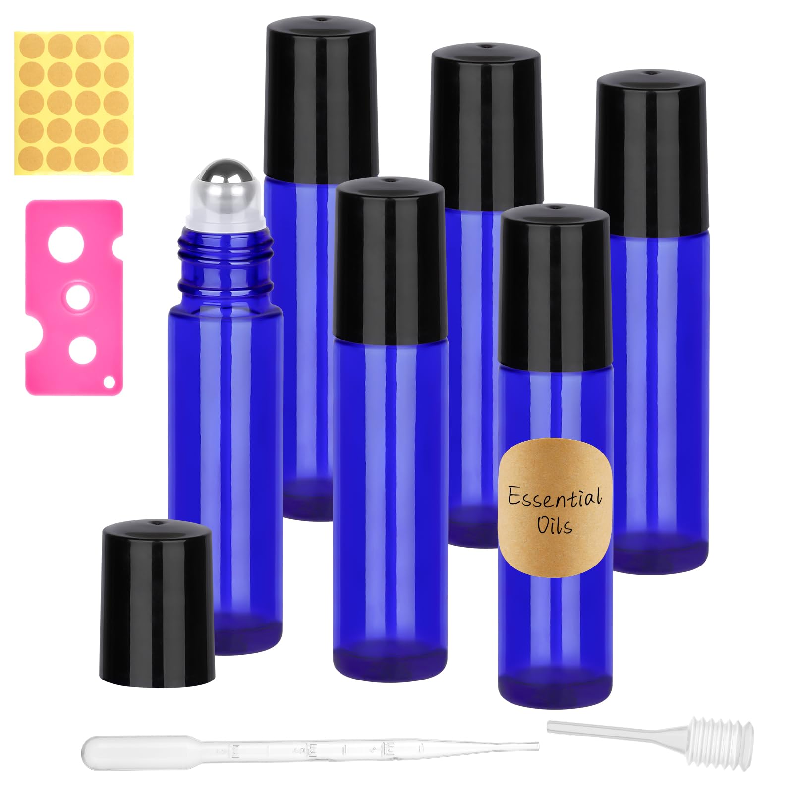 SONEER Roll on Glasflaschen für Ätherisches Öl, Roll on Flasche Leer 10 ml mit Edelstahl-Ball, Rollon Flaschen mit Öffner, Tropfer, Strohhalm, Etiketten für Aromatherapie Massage (Blau, 6 Stück)
