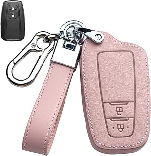 HIBEYO Smart Car Key Case Fits Toyota Protective Key Case Cowhide Cover Key Ring Fits Toyota Camry Corolla Avalon Prius C-HR RAV4 Remote Control Accessories Pink C