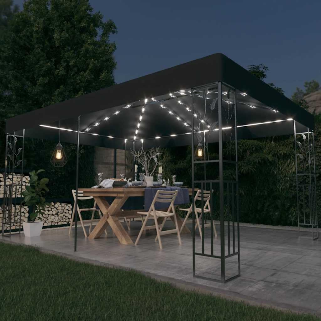 Pavillon 3x4 m Anthrazit mit Doppeldach aus Polyester & Solar LED Lichterkette Stahl Gestell Garten Grill Party Gazebo für Terrasse Balkon und Outdoor Events