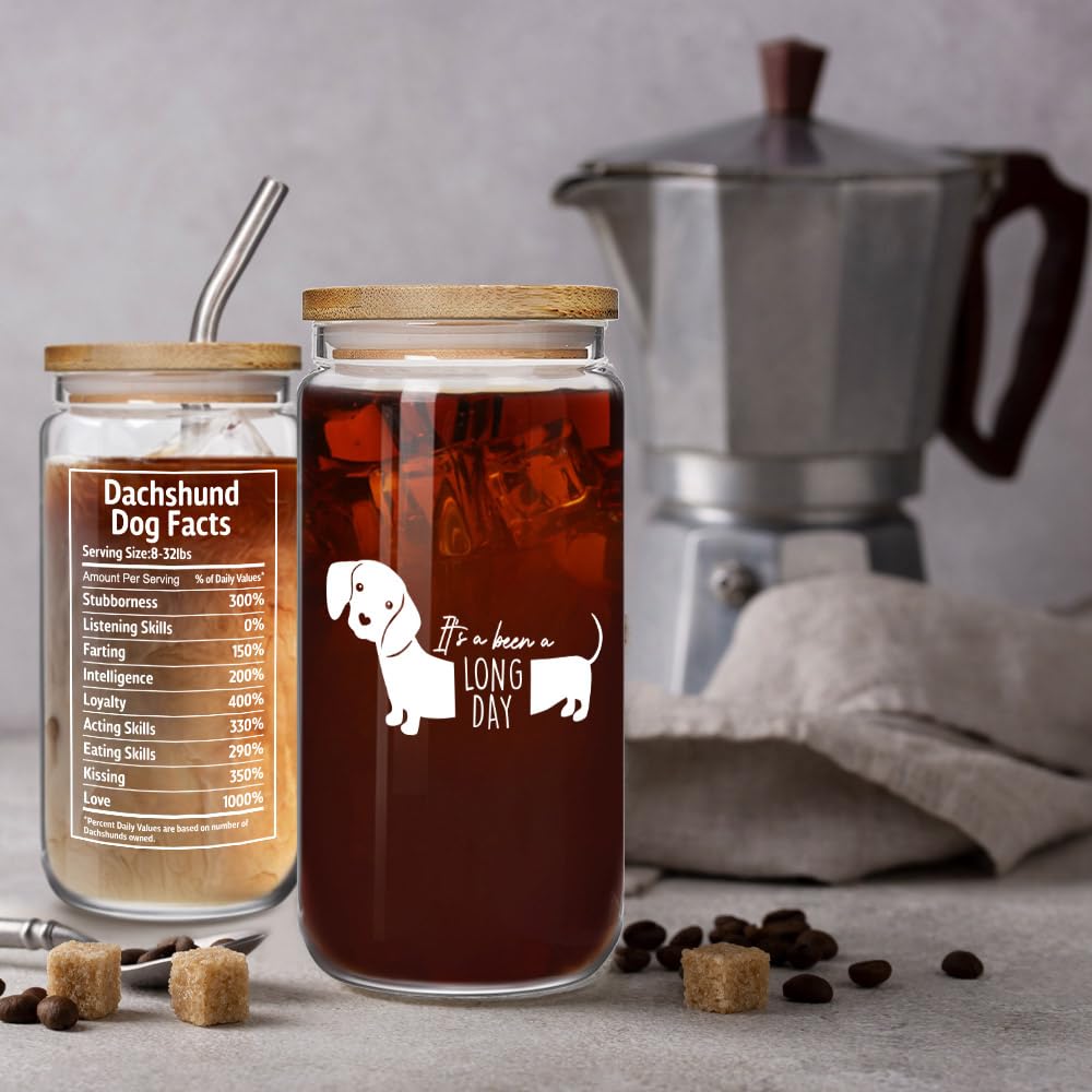 It's Been A Long Day Dachshund Glass Cups with Lids and Straws 16OZ, Dachshund Gifts for Women Men, Weiner Dogs Decor, Funny Iced Coffee Cup Gifts for Dog Lover, Mother's Day Gift for Dog Mom