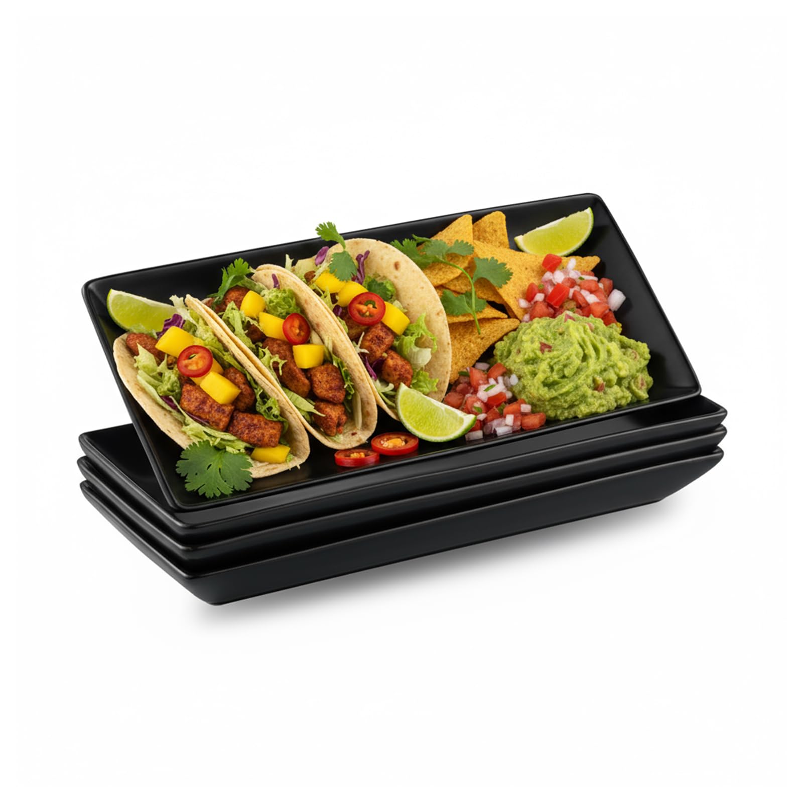 Gomakren Black Serving Platter Set of 4 Porcelain Serving Plates Rectangular Halloween Serving Dishes and Platters Serving Trays for Party Appetizer Sushi, 10 Inch Black Serveware Thanksgiving Gifts