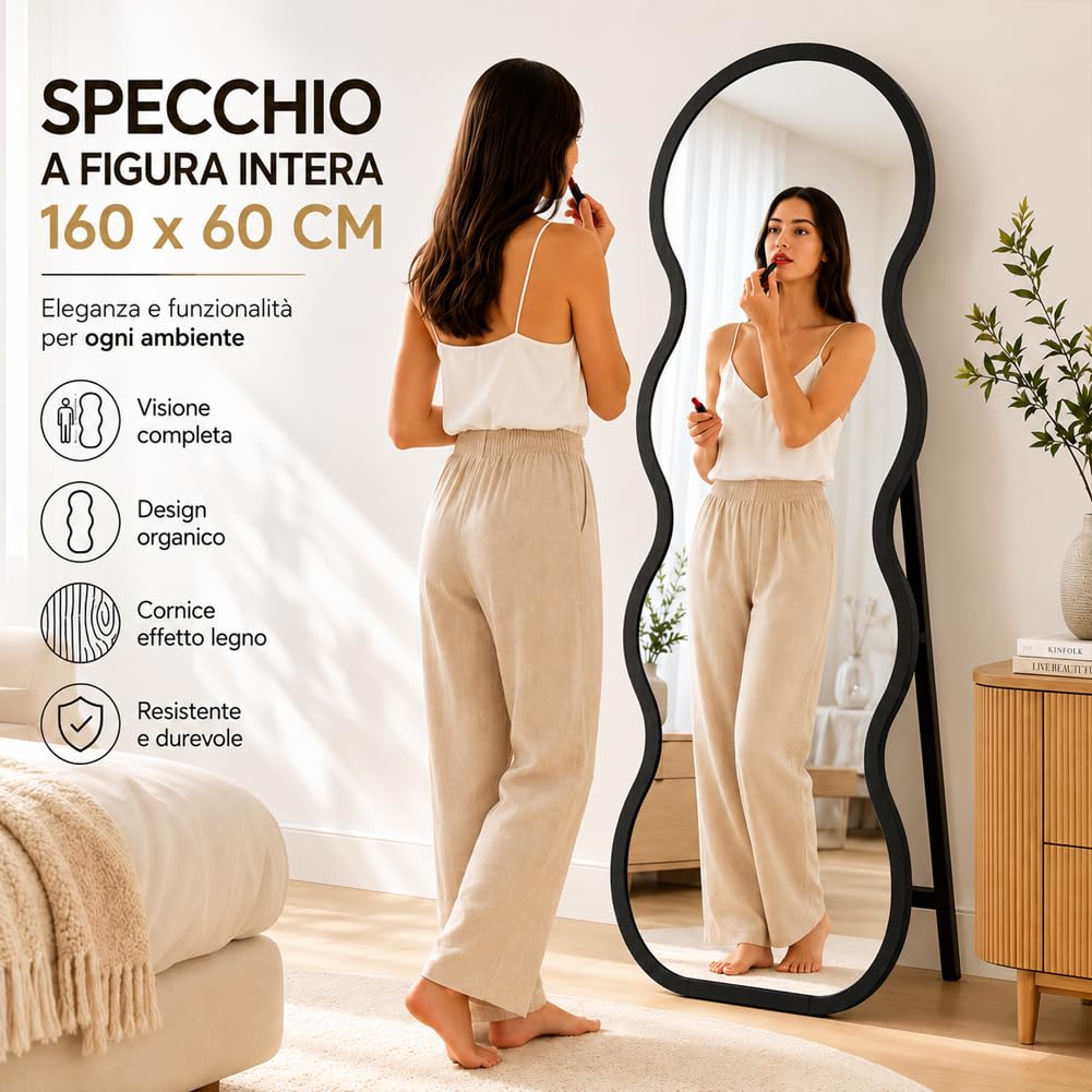 Shally Dogan Specchio Ondulato Autoportante con Struttura in Legno Resistente, Decorazione per Interni Design Moderno, Specchi Figura Intera Indipendente da Terra, 160 x 60 cm, Nero