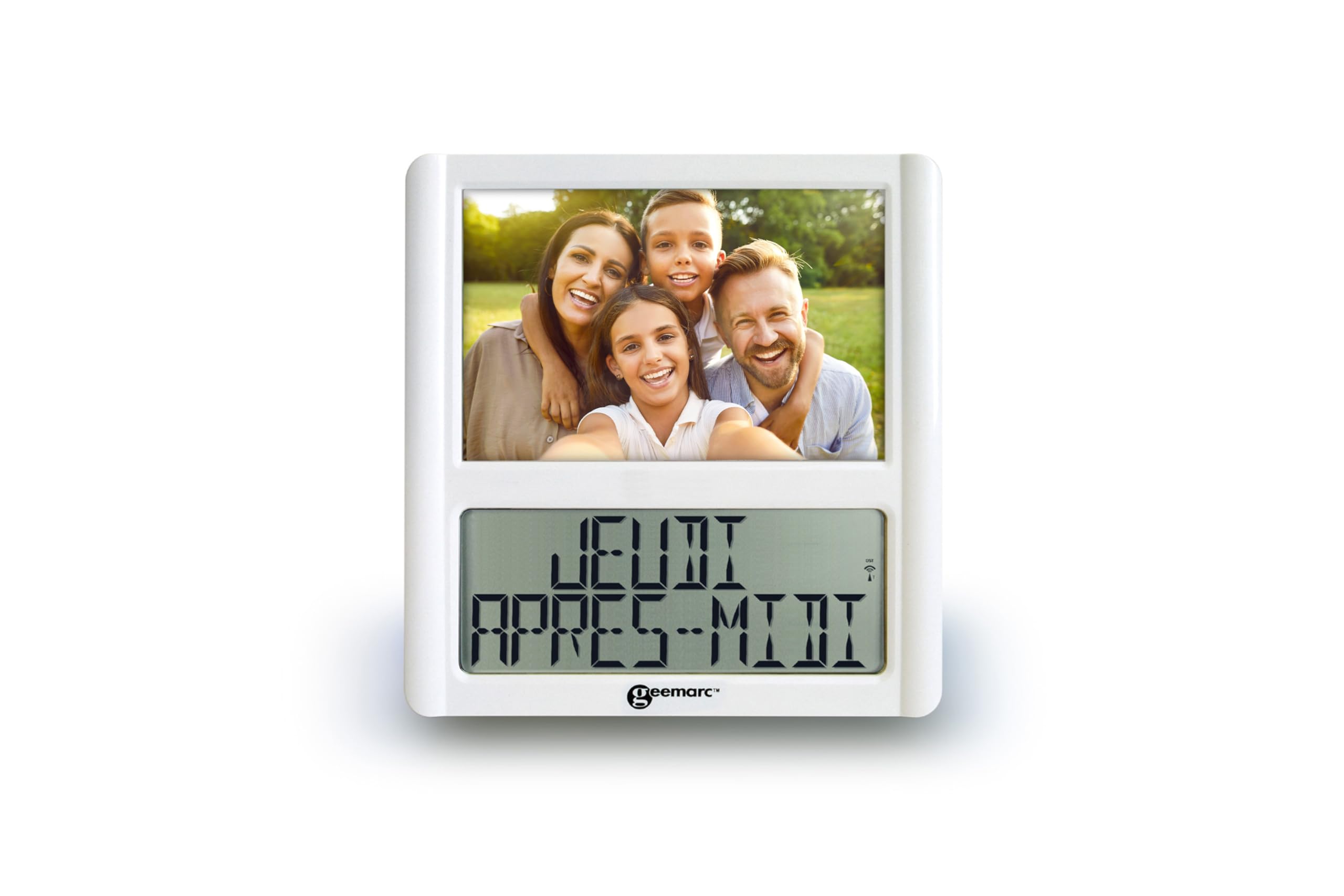 Horloge Calendrier Numérique et Son Cadre Photo Personnalisable - La Viso5 de Geemarc avec Réglage Automatique de l’Heure pour Les Personnes Âgées - Fonctionne sur Pile - sans Rétroéclairage