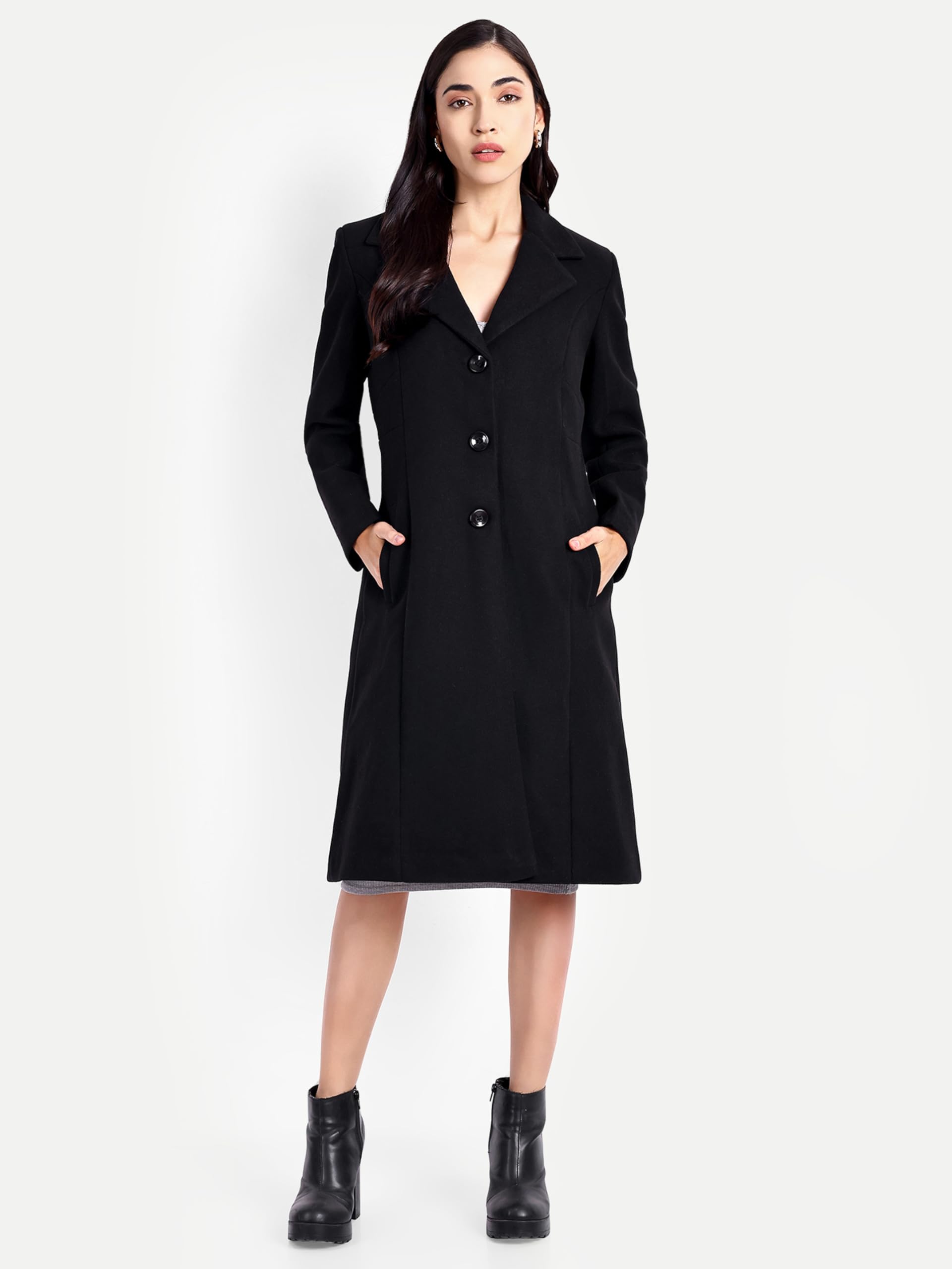 HAUTEMODA Women Tweed Winter Coat Trench Long Sleeves Over With Pocket Single Breasted (L, Black) 3