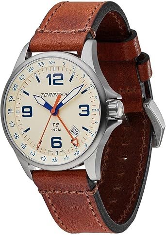 Torgoen T9 Cream GMT Pilot Watch for Men, Swiss Quartz, Mineral Crystal with Vintage Brown Leather Strap