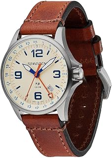 T9 Cream GMT Pilot Watch for Men, Swiss Quartz, Mineral Crystal with Vintage Brown Leather Strap