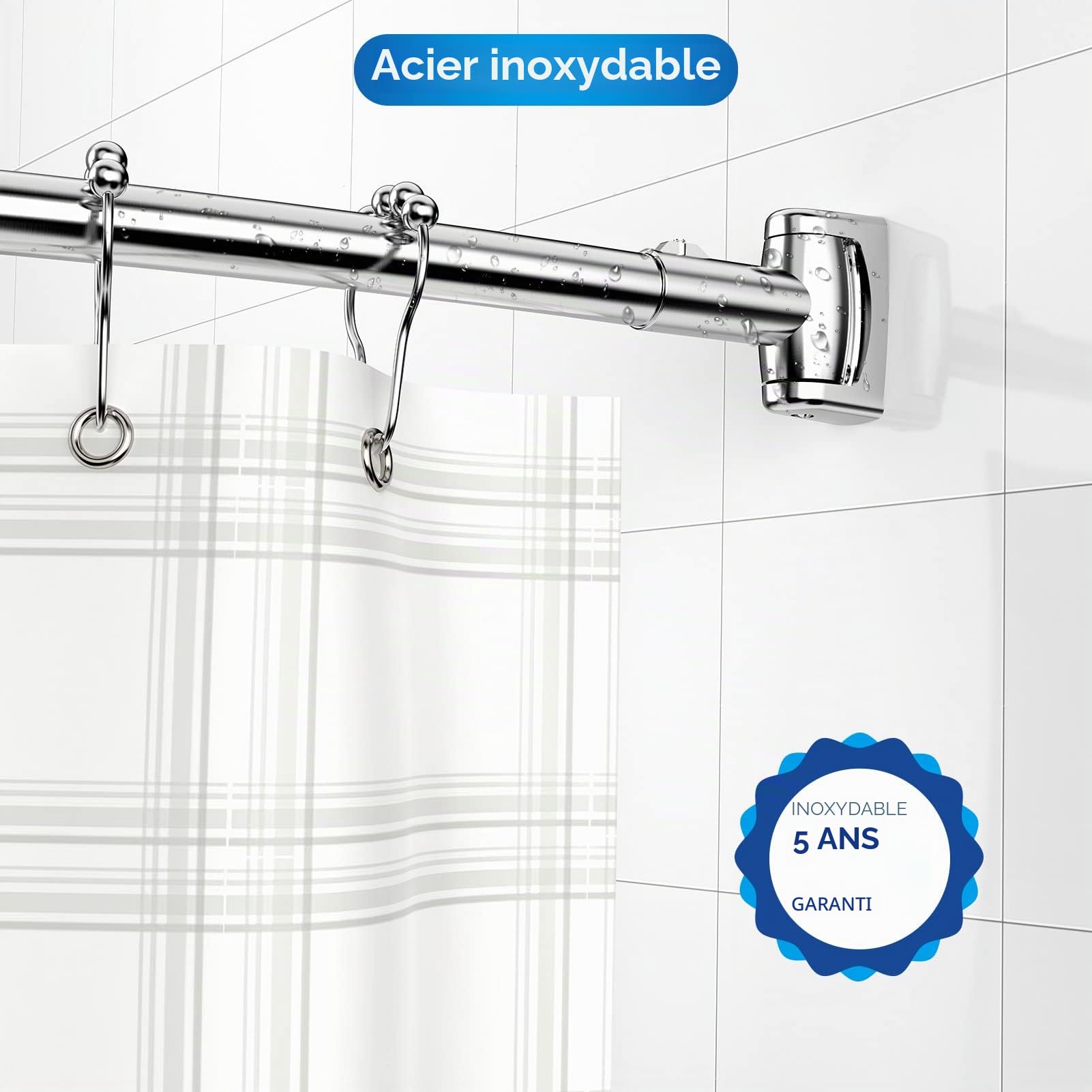 Tringle à rideau de douche incurvée réglable et extensible en acier inoxydable de 110 à 180 cm, design télescopique exquis personnalisable pour salle de bain, besoin de percer.
