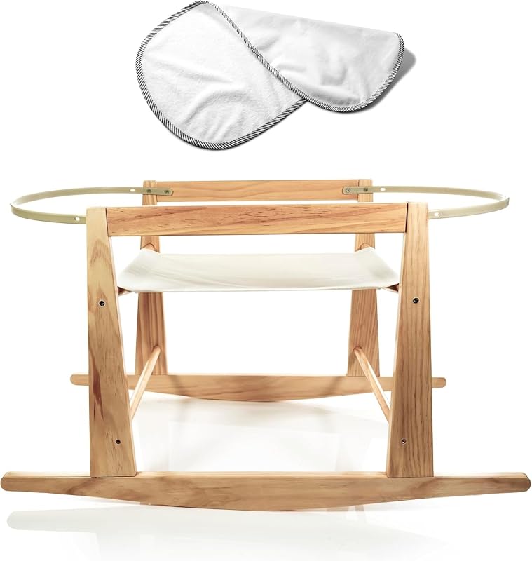 Moses Basket Stand - Wooden Rocking Moses Basket Stand for Baby Bassinets - Adjustable Bassinet Rocker Crafted from Natural Wood - Perfect for Newborns – Complete with Changing Mat