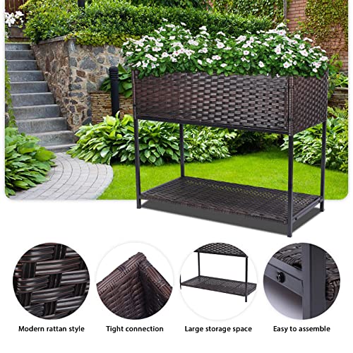 Chonsun Raised Garden Bed - Rattan Raised Bed Wicker Elevated Raised Garden Bed With Underneath Tool Storage Rack Outdoor Raised Planter Box For Vegetables Grass Lawn Yard, 30 X 18 X 36 In, Brown #TOP5