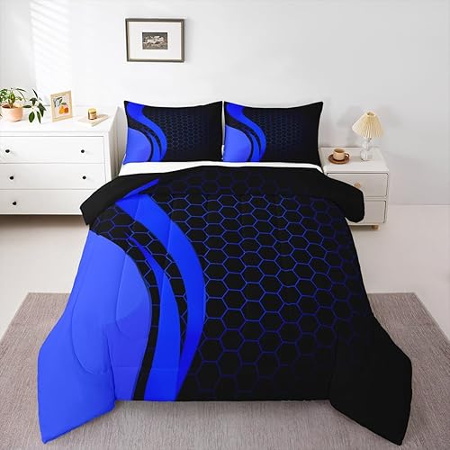 Juego de ropa de cama con diseño geométrico de panal de abeja para niños, niñas, adolescentes, hexagonal, geométrico, azul y negro, juego de edredón