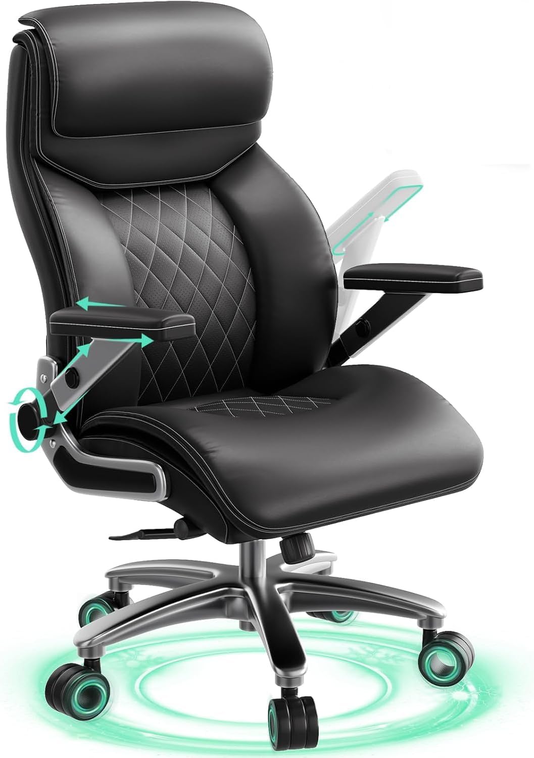 Big and Tall Office Chair with 5D Arms, 600lbs Heavy Duty Desk Chair with Adjustable Lumbar Support, PU Leather High Back Ergonomic Executive Computer Chair with 3'' Silent Casters