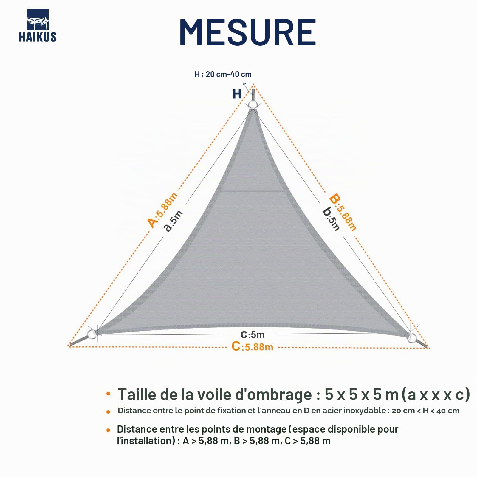 HAIKUS Voile d'ombrage Imperméable Triangulaire 5x5x5m, Toile Ombrage PES Résistant à l'eau, Filet dombrage Triangle 5m Résistant 98% Protection Rayons UV pour Patio Extérieur, Gris Graphite 5x5x5