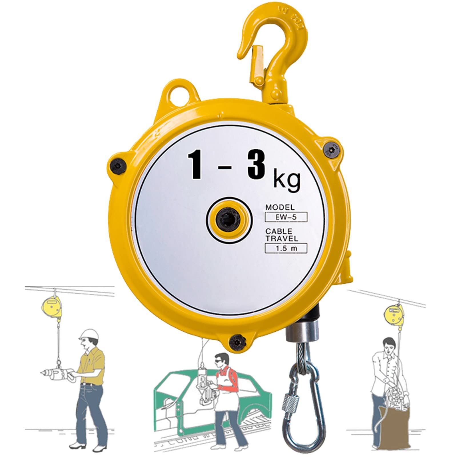 UZAMIRLEX Spring Balancer, Retractable Spring Balancer 1-9kg Alloy Hook 1.5m Wire Rope Assembly Line Hanging Tool(1 to 3KG)