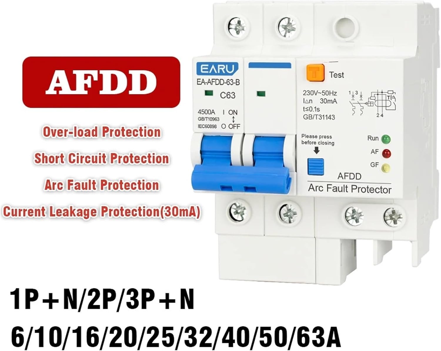 Fault Arc Protector Circuit Breaker Main Switch MCB Short Circuit Overload Leakage Protection AC 230V 16A 20A 32A 63A(2P,25A)