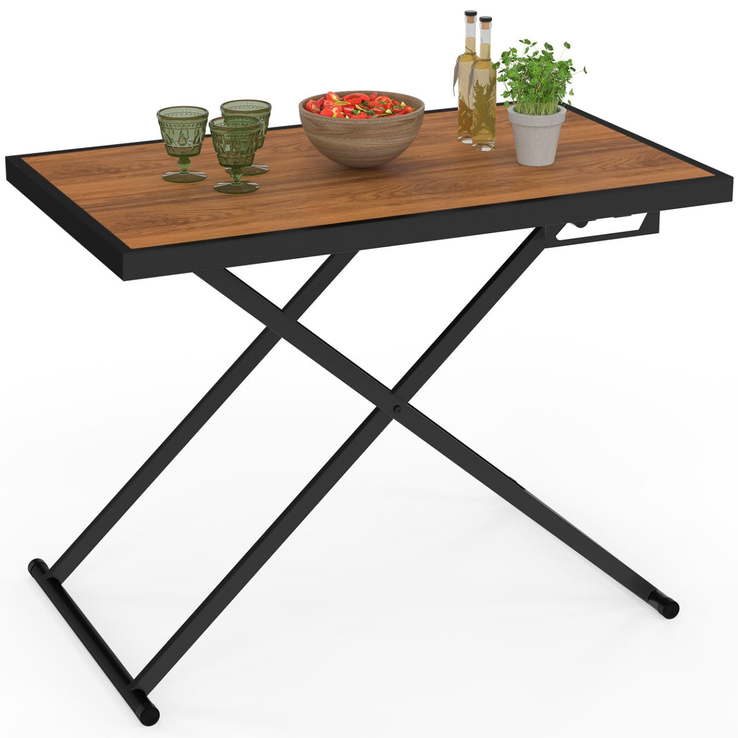 Table de Jardin à Hauteur réglable 3 Positions Olie 100 cm Métal Noir Plateau Effet Bois
