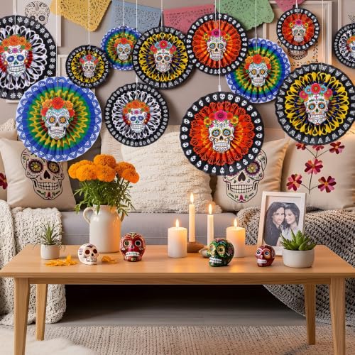 Image of Affrolling 24 Pcs / 12 Set Day of the Dead Party Decorations-Sugar Skull Hanging Paper Fans, Fiesta Party Flowers Fans for Dia De Los Muertos Mexican Carnivals Festivals Holiday