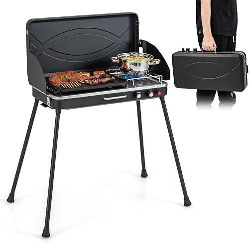 HAPPYGRILL Estufa de camping de propano de 2 quemadores, cocina portátil de gas con soporte extraĂble para patas, parrilla asada, perillas de HAPPYGRILL Estufa de camping de propano de 2 quemadores, cocina portátil de gas con soporte extraĂble para patas, parrilla asada, perillas de