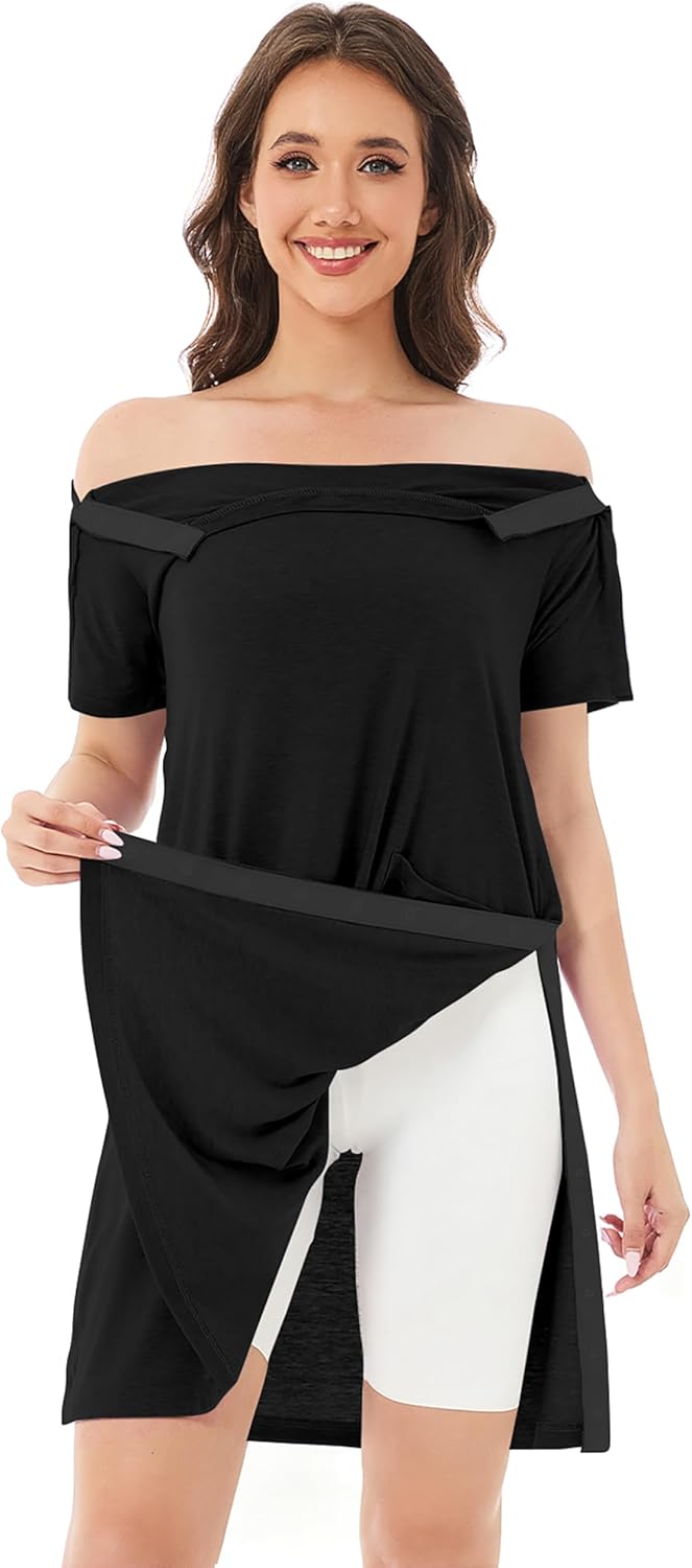 Post Shoulder Surgery Recovery Dress for Women Tear Away Hospital Gowns with Pockets 2 Side Snap Short Sleeve Adaptive