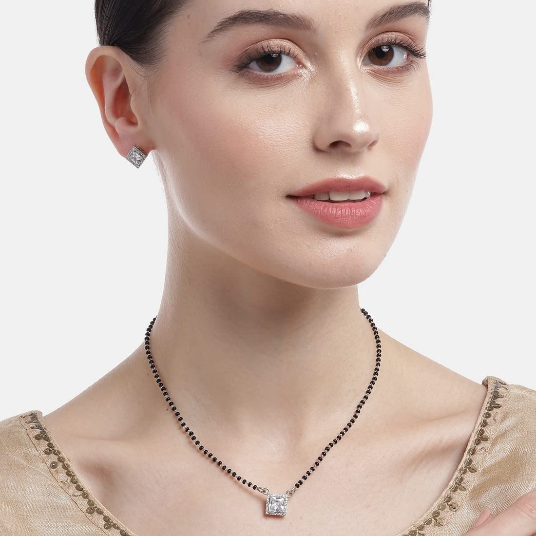 925 Sterling Silver Cubic Zirconia Mangalsutra Set with Stud Earrings