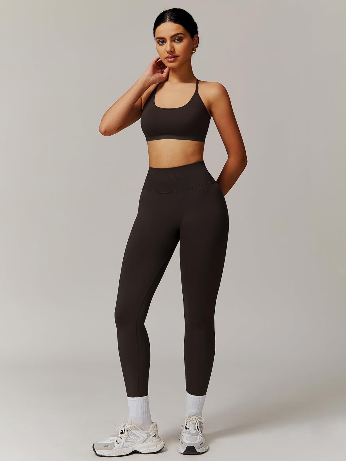 ABOCIW Workout Sets for Women Seamless High Waist Scrunch Butt Lifting Gym Leggings Yoga Pants Strappy Sports Bra Exercise 2 Piece Outfits Coffee Medium - Image 3