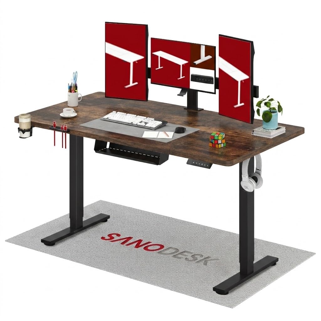 SANODESK 160 * 60 Electric Standing Desk, Height Adjustable Sit Stand Computer Desk with Anti-Collision Technology, Cable Management, Storage Basket, Cup Holder & Hooks, Extra Large Office Desk