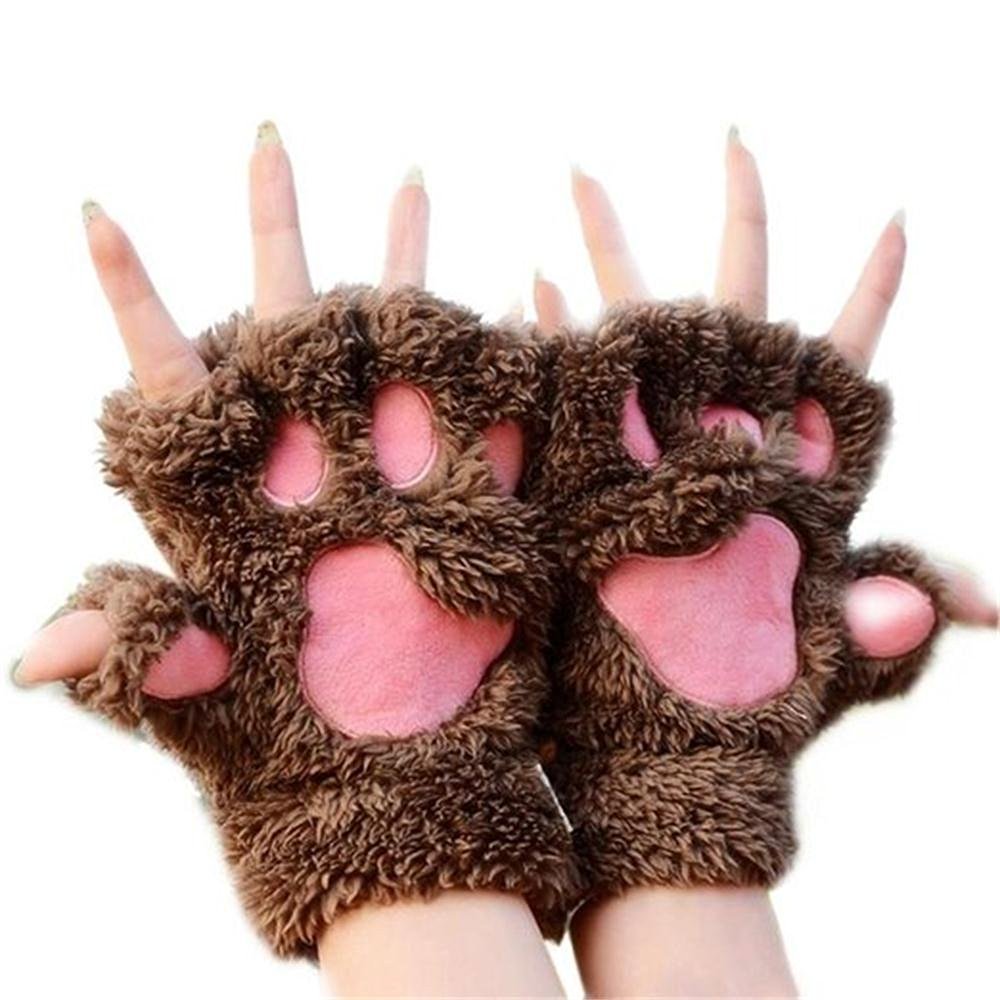 MAKFORT 1 Pair Ladies Girls Womens Cat Paw Gloves Winter Fingerless Paw Mittens Warm Plush Half-Finger Winter Gloves Brown