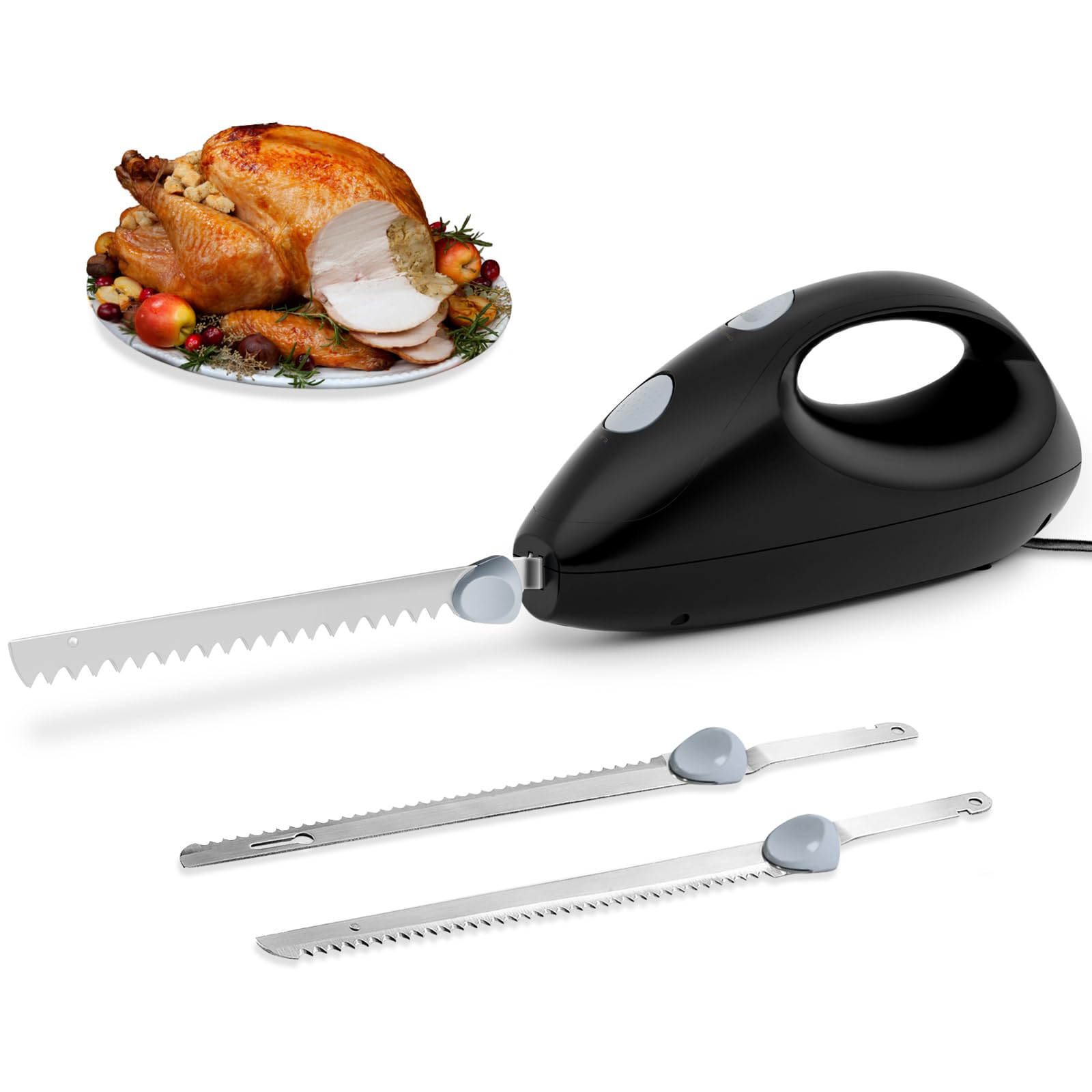 Cuchillo eléctrico para tallar carnes, pavo, pan, aves de corral, espuma de manualidades y más, 2 cuchillas intercambiables de ace