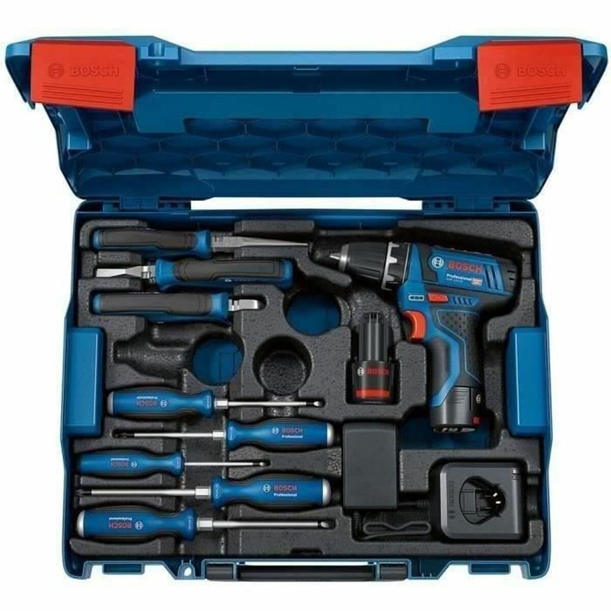 Bosch Professional 12V System Combo-Kit GSR 12V-15 + outils à main (avec 2 batteries 2,0 Ah, chargeur GAL 12V-20, 8 outils à main, dans L-BOXX)