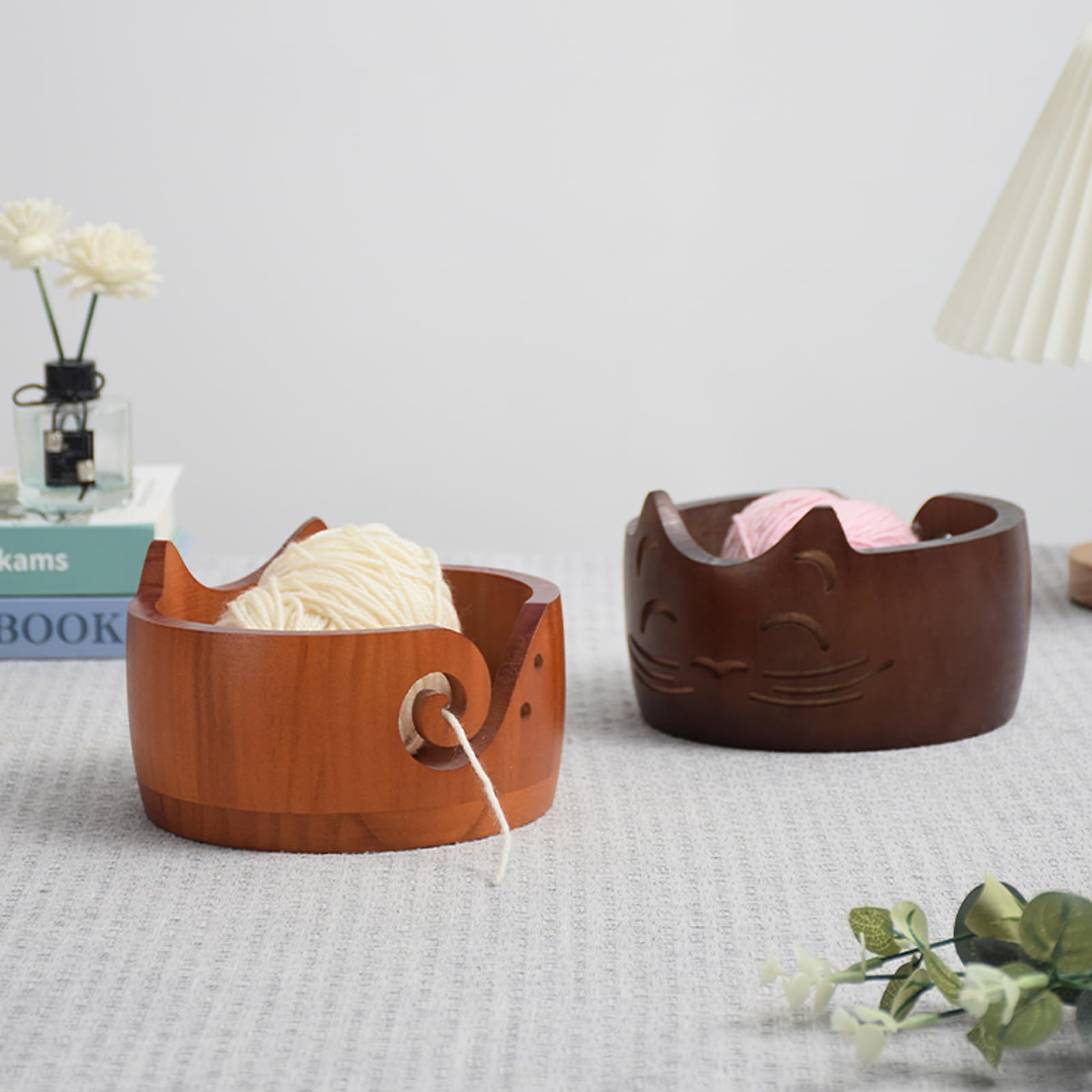 Garnschale aus Holz, Garnschüssel Strickschüssel Große Handgefertigte Wollschüssel, Katze Ohrförmige Aufbewahrungsschale für Wolle Strickgarn Strick und Häkelprojekte Verhindert Verheddern (Braun)