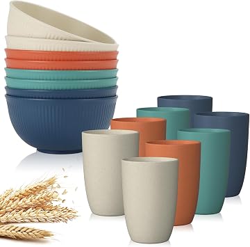 Wrova wheat straw bowls and 12oz cups - unbreakable dinnerware sets of 16 - Vibrant Series