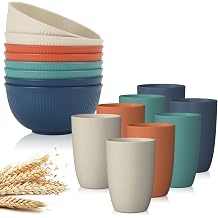 Wrova wheat straw bowls and 12oz cups - unbreakable dinnerware sets of 16 - Vibrant Series