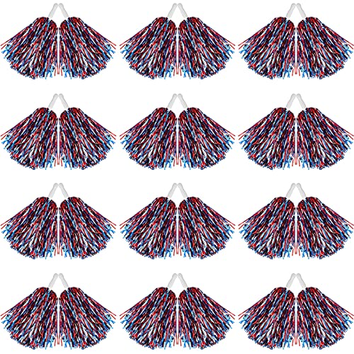 Hoteam 24 Pcs Cheerleading Pom Poms, 12.6 Inch Plastic Cheer Pompoms with Handle, Metallic Foil Cheerleader Poms for Adult for Team Sports Party Dance Cheering Squad Accessories(Silver Red and Blue)
