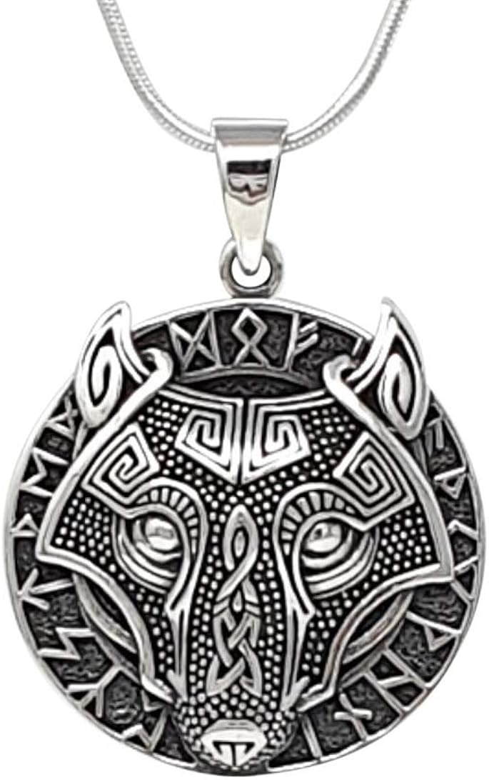Treasure Bay Men's Womens 925 Silver Odin's Wolf Viking Pendant with Chain Necklace