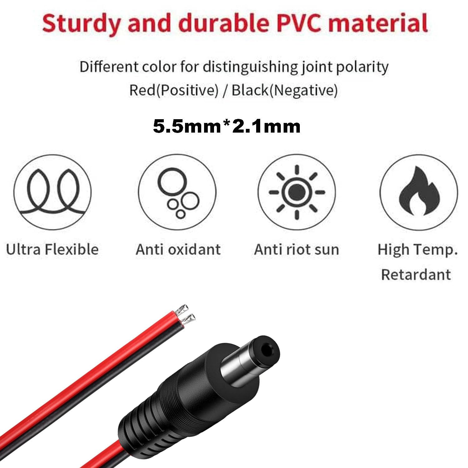 RUNCCI-YUN 2 szt. 14 AWG, 5,5 x 2,1 mm DC Zasilacz Pigtail, złącze zasilania 12 V 10 A DC do monitorowania wideo CCTV Kabel LED Strip Złącze DC (1 m)